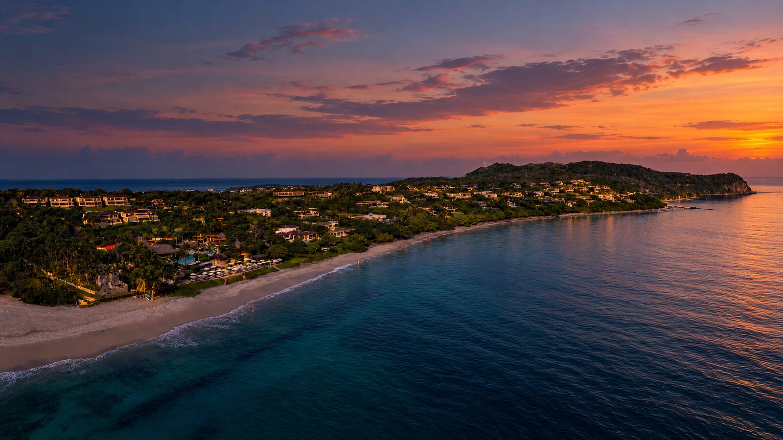 Aerial view of the Punta Mita coastline near Kupuri at dusk